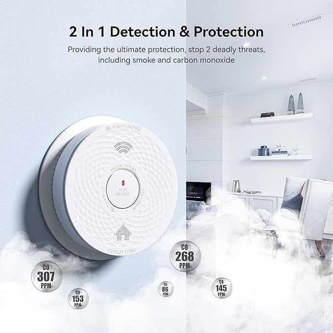 Smoke and Carbon Monoxide Detector Combo with Voice Alert, Dual Sensor Fire and CO Alarm with LED Light and Test Button, Auto Check, Battery Operated, UL 217 & UL 2034 Standards, 5 Pack