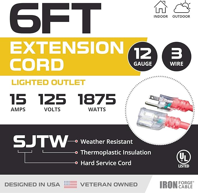 Iron Forge Cable 6 ft Lighted Outdoor Extension Cord - 12/3 SJTW Heavy Duty Red Extension Cable with 3 Prong 15 AMP Grounded Plug for Safety