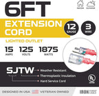 Iron Forge Cable 6 ft Lighted Outdoor Extension Cord - 12/3 SJTW Heavy Duty Red Extension Cable with 3 Prong 15 AMP Grounded Plug for Safety