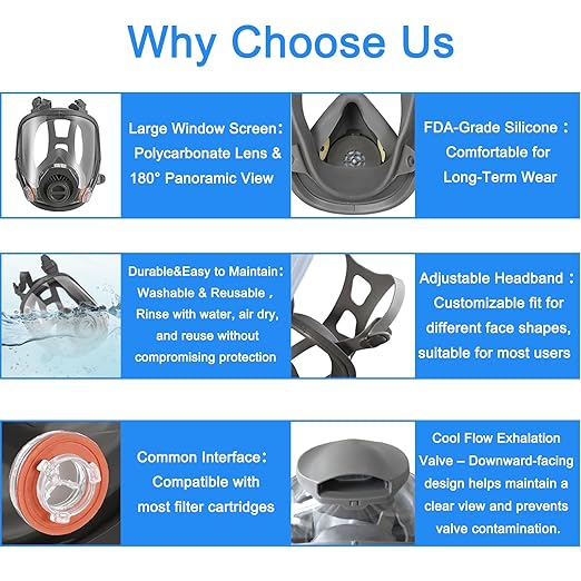 Full Face Gas Industrial Mask, Reusable 6800 Respirator Mask with Filters 6001 and 2091, Cold Flow Exhalation Valve, Silicone Face Seal, for Painting, Sanding, Woodworking, Welding, Chemical Handling