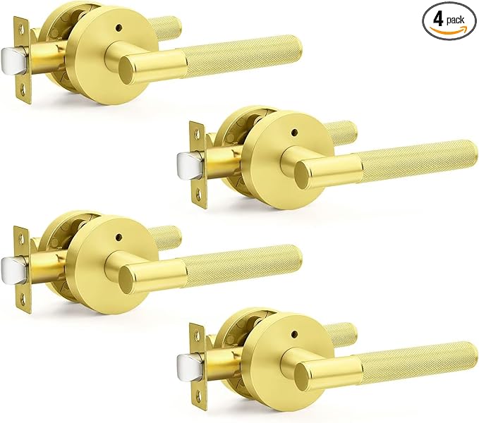 Gold Door Handles Interior 4 Pack, Brushed Brass Privacy Door Knobs for Bed and Bath, Modern Knurled Door Levers, Reversible for Right & Left Side