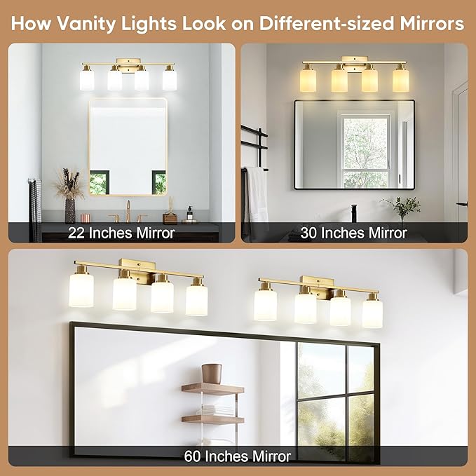 Ascher Bathroom Light Fixtures, 4-Light Vanity Light Over Mirror, Gold Wall Sconces with Milky White Frosted Glass Shades, Wall Lamp for Living Room Bedroom, E26 Base(Bulbs Not Included)
