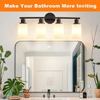 DLLT 4-Light Bathroom Light Fixtures: Black Modern Vanity Lights with E26 Bulbs - Milky White Glass Shade Bathroom Wall Lamp for Mirror Kitchen Living Room Hallway Cabinet Porch