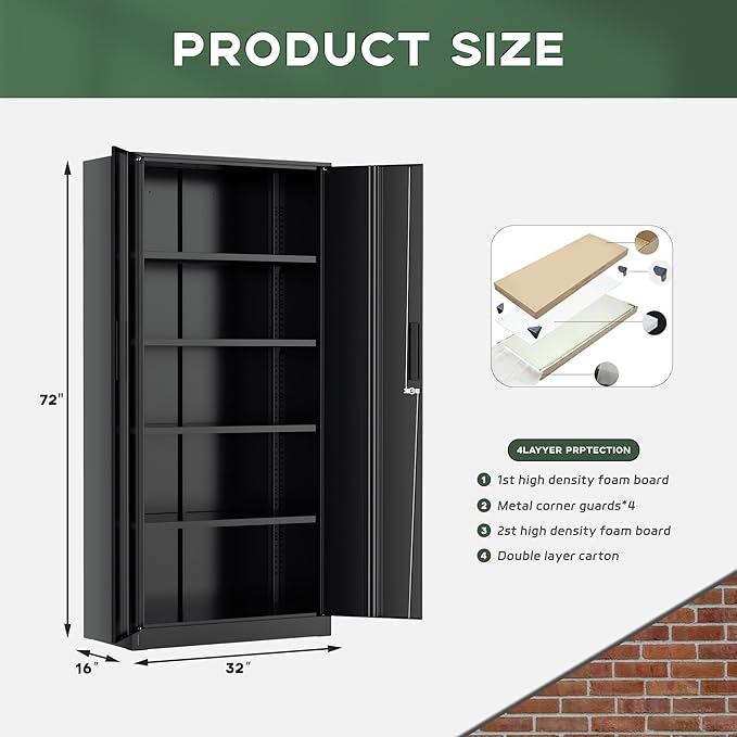 Greenvelly Metal Garage Storage Cabinet, 72” Locking Black Tool Steel Cabinet with Doors and 4 Shelves, Tall Metal Cabinets with Garage Storage Systems for Home Office, Kitchen/Pantry