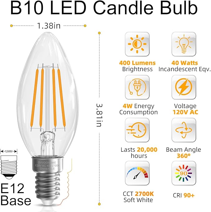 Candelabra Light Bulbs 40 watt Equivalent, E12 LED Bulb Dimmable Chandelier Bulbs, B10 Candle Light Bulbs 2700K Soft White, 90+CRI, 400LM, Cear Glass, 24 Pack