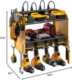 CCCEI Set Power Tool Organizer Wall Mount with Charging Station. Garage 4 Drill Storage Shelf with Hooks, Heavy Duty Metal Tool Battery Charger Organizer. Shop Utility Rack with Power Strip Yellow.