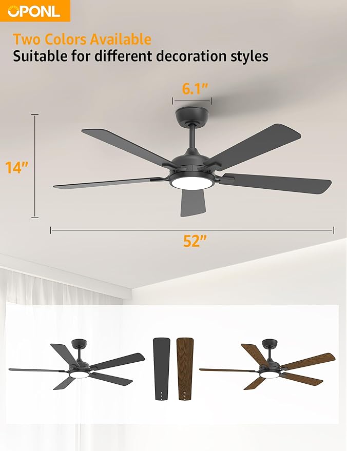 52 Inch Black Ceiling Fan with Light with Remote Control, Large Air Volume, modern ceiling fan with light for Bedroom Kitchen Dining room Patio- Donwrod Mount