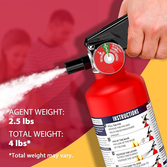 Ougist ABC Fire Extinguisher for Home & Vehicle - 2.5 lb 1-A:10-B:C Rated, Dry Chemical Fire Safety with Quick-Release Handle, Certified for Kitchen/Car/Boat Use-Model FF1KG