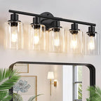 5-Light Bathroom Light Fixtures, Black Modern Vanity Lights with Clear Glass Shade, Bathroom Wall Lamp for Mirror Kitchen Living Room Hallway Cabinet Porch