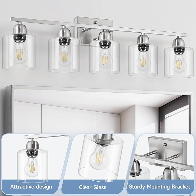 Modern Brushed Nickel 5 Light Bathroom Vanity Light, 31 inch Bathroom Light Fixtures with Clear Glass for Mirror Kitchen Living Room Hallway Cabinet Porch