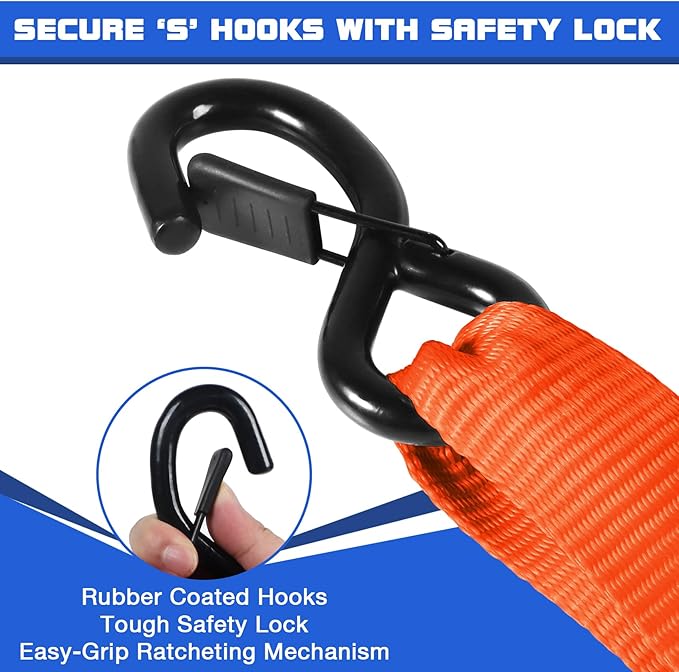 Tie Down Ratchet Straps with S Hooks Heavy Duty 4400 LB 1.5" x10' Lashing Appliance Moving Furniture Tow Rope Wheel, ATV,UTV,Dirt Bikes,Ladder Rack,Trailer,Boat,Truck Bed Accessories for Men Orange
