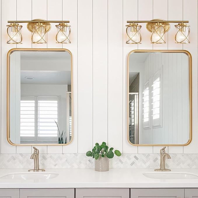 Mavcadonf Modern Vanity Lights with Cage Shade - 3 Lights, Brushed Gold, Over Mirror, for Bathroom & Kitchen