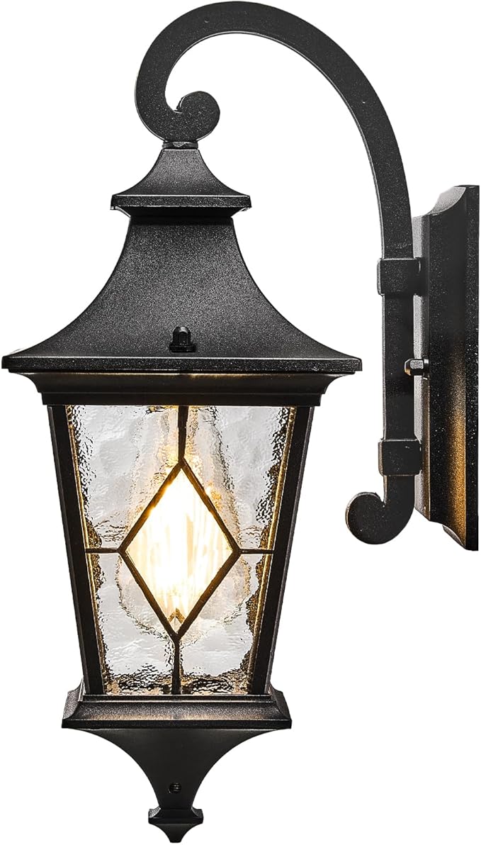 Outdoor Sconce Lights Black Porch Lights Outdoor Aluminum Waterproof Exterior Lighting Fixtures with Water Ripple Handmade Solder Glass E26 Socket