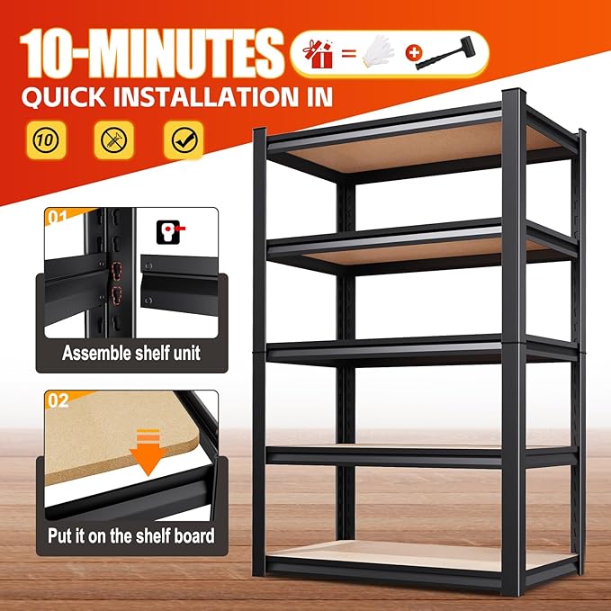 78"H Garage Shelving-2050 lbs 5 Tier Storage Shelves,Adjustable Heavy Duty Metal Shelving Unit and Storage Large Rack,Utility Steel Shelf for Warehouse Industrial Pantry Basement -78"x46"x20",Black