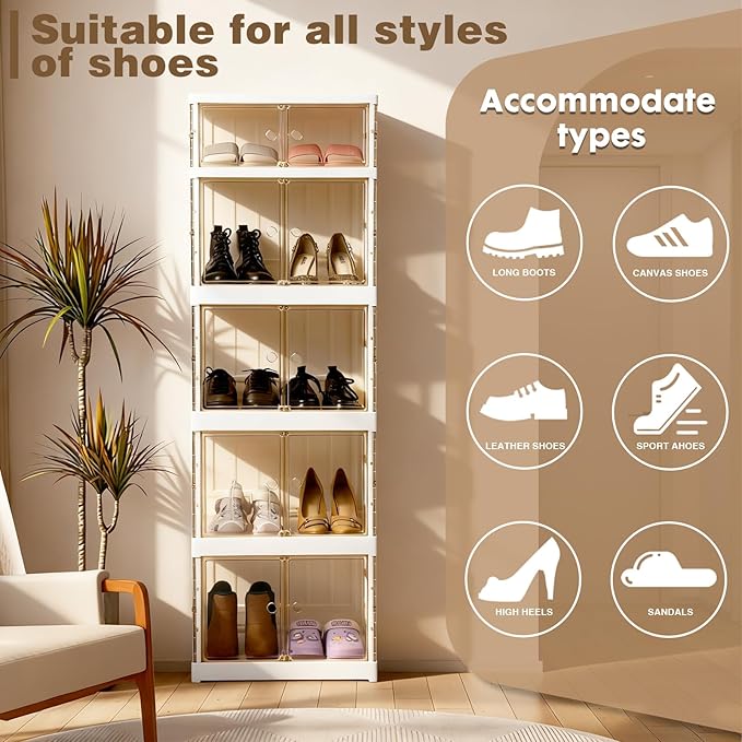 5-Tier Plastic Foldable Storage Cabinet with 3-Side Transparent Panels, Dust-Proof Lightweight Design, Built-in Wheels for Easy Mobility, Space-Saving, Foldable Multifunctional Storage Cabinet