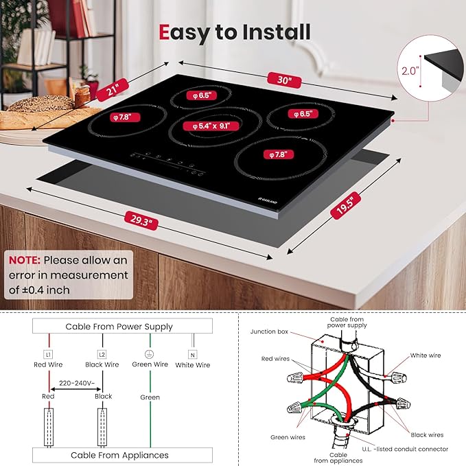 GASLAND 30 Inch Electric Cooktop 5 Burners, 8200W Built-in Radiant Glass Stove Top, 220-240V Electric Ceramic Cooktop with 9 Power Levels, Slide Touch Control, Child Safety Lock &Timer, Hard Wire