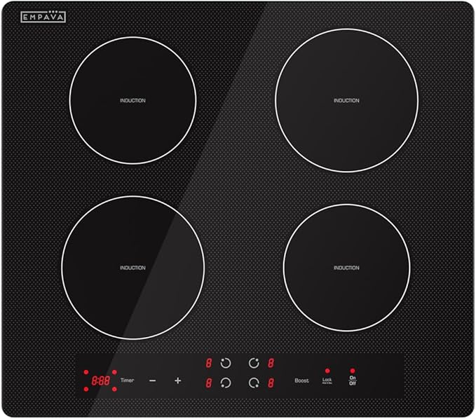 Empava 24” Electric Stove Induction Cooktop with 4 Power Boost Burners Smooth Surface Vitro Ceramic Glass in Black, 24 Inch