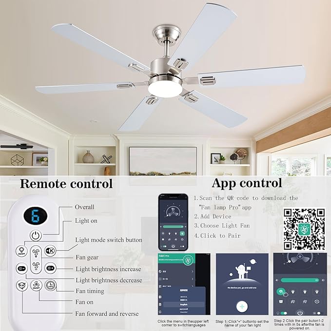 56inch Ceiling Fans with Lights and Remote/App Control, Dimmable LED, Reversible DC Motor, Noiseless, 6 Double-Side blades, 6 Speeds Low Profile Ceiling Fan for Indoor/Outdoor Use（ Nickel）