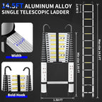 JADDUO 14.5 FT Telescopic Ladder, Aluminium Silver Telescoping Ladder with Non-Slip Feet and Stable Hook, Portable Extension Ladder for Household and Outdoor Working, Heavy Duty 330 lbs Max Capacity