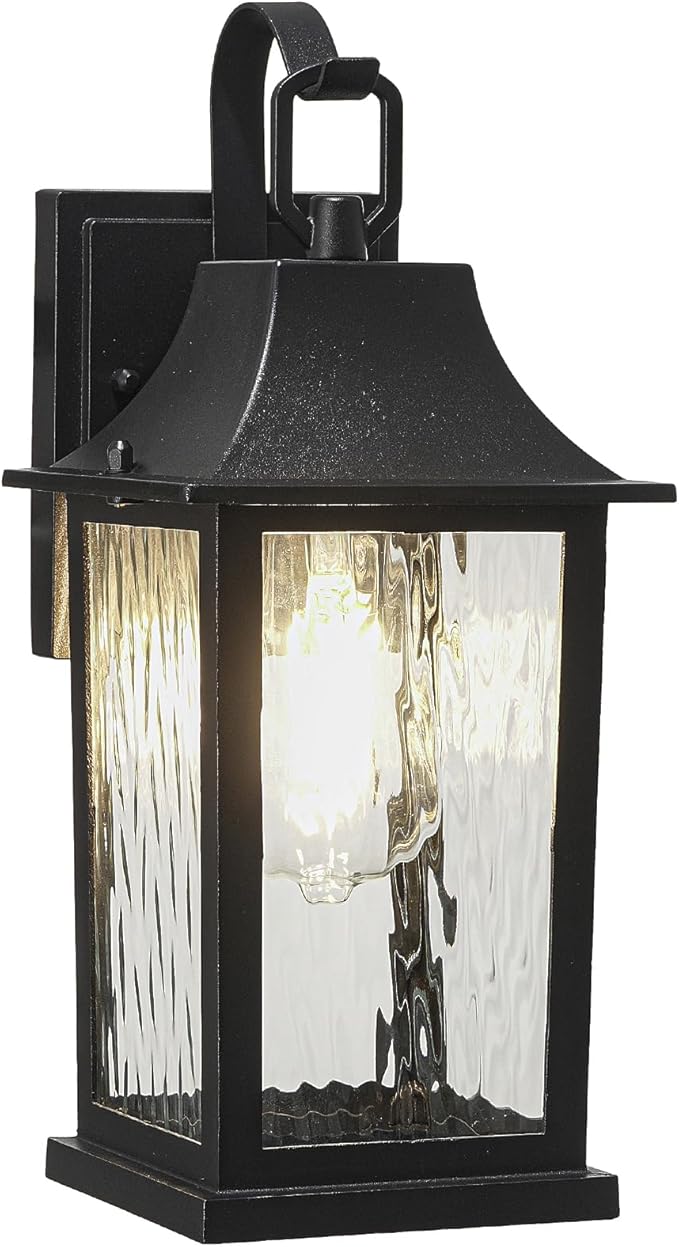 Outdoor Wall Light， 13" Sconce with Water Pattern Glass, Waterproof & Rustproof Exterior Lighting ，Weatherproof Front Porch Lights，for House Garage Doorway Patio (1 Pack, Black)