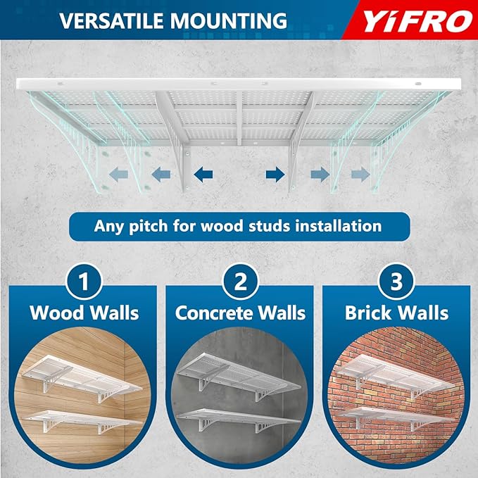 2-Pack 1.5x4ft Heavy Duty Garage Wall Shelving, 500 lbs Load Capacity, Garage Shelving Wall Mounted, Storage Rack with Hooks, White