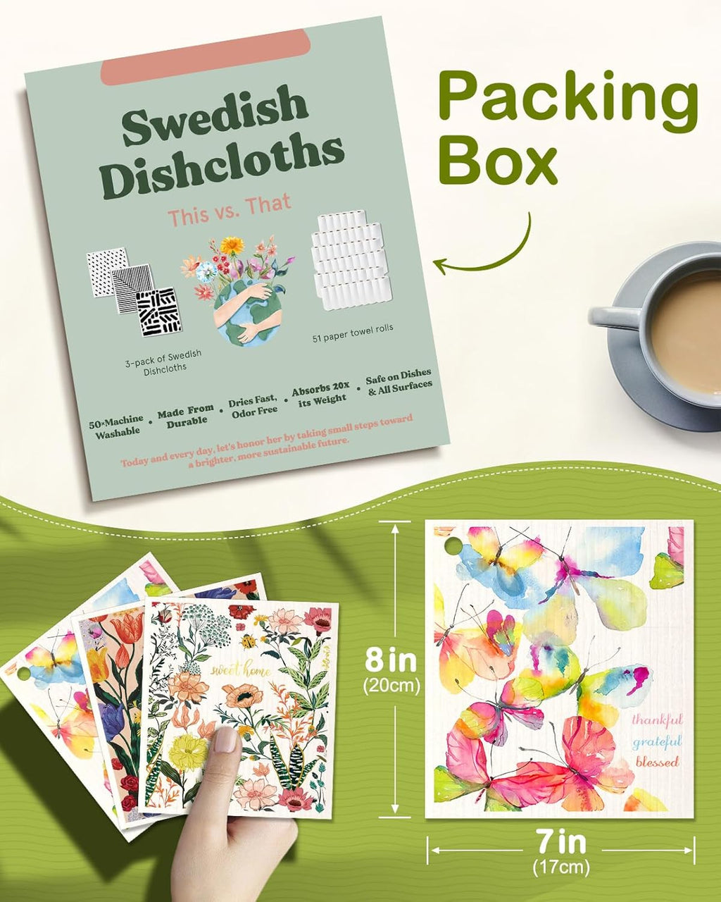 6 Pack Swedish Dishcloths for Kitchen - Reusable Dish Cloths for Washing Dishes Absorbent Cute Funny Kitchen Towels Cleaning Sponge, Floral Bird