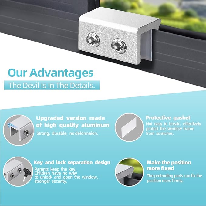 Window Locks for Up and Down Windows 4 Pack Window Stopper Sliding Window Lock for Vertical Horizontal Sliding Windows Doors with Key Aluminum Window Security Locks Child Proof(Silver Medium)