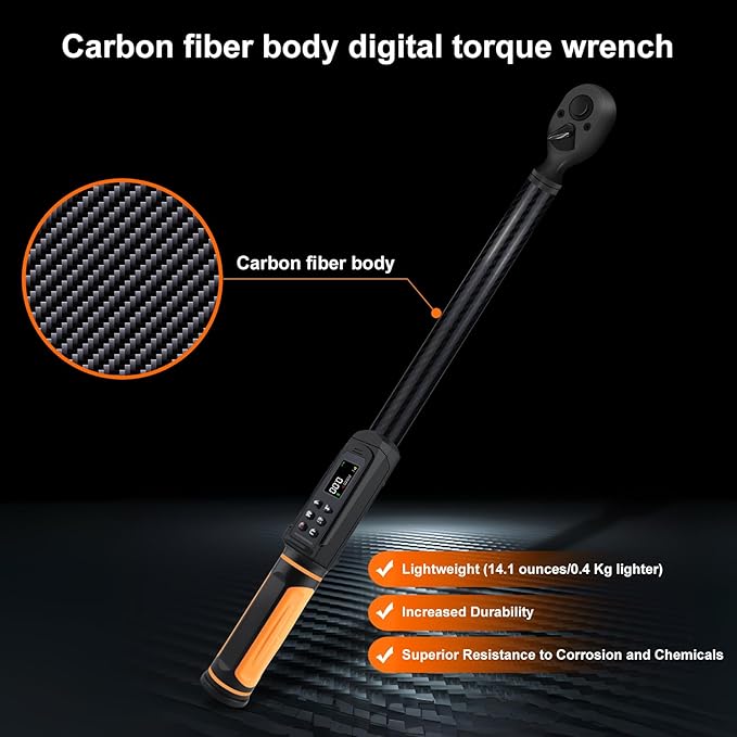 Digital Torque Wrench 1/2 Drive with Carbon Fiber Body, 2.2-147.5 Ft.lb Range, ±1% Accuracy with Vibration, Buzzer and LED Alert, Suitable for Car, Motorcycle and Bicycle
