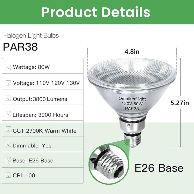 PAR38 Flood Light Bulbs, 80W 120V Halogen Bulb Dimmable, E26 Base PAR38 Bulb 2700K Warm White for Indoor and Outdoor, High Brightness PAR38 Halogen Flood Light - 4PACK