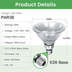 PAR38 Flood Light Bulbs, 80W 120V Halogen Bulb Dimmable, E26 Base PAR38 Bulb 2700K Warm White for Indoor and Outdoor, High Brightness PAR38 Halogen Flood Light - 4PACK