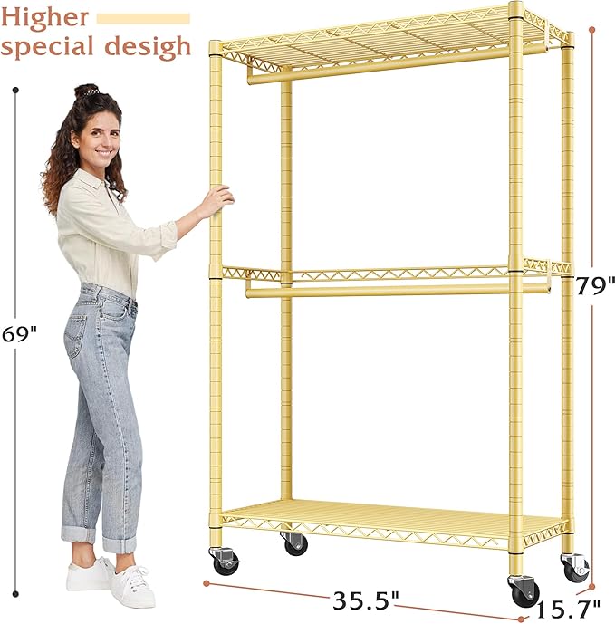 Raybee Clothing Rack with Wheels,Clothes Rack for Hanging Clothes,Portable Closet,2 Shelves,Yellow