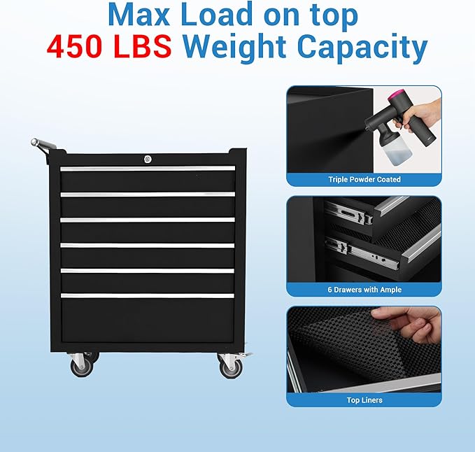 Garvee Rolling Tool Chest, 6 Drawers Tool Storage Cabinet, Toolbox with Wheels, Portable Tool Cabinet Organizer with Locking System & Drawer Liners, Tool Storage Cart for Garage, Workshop, Black