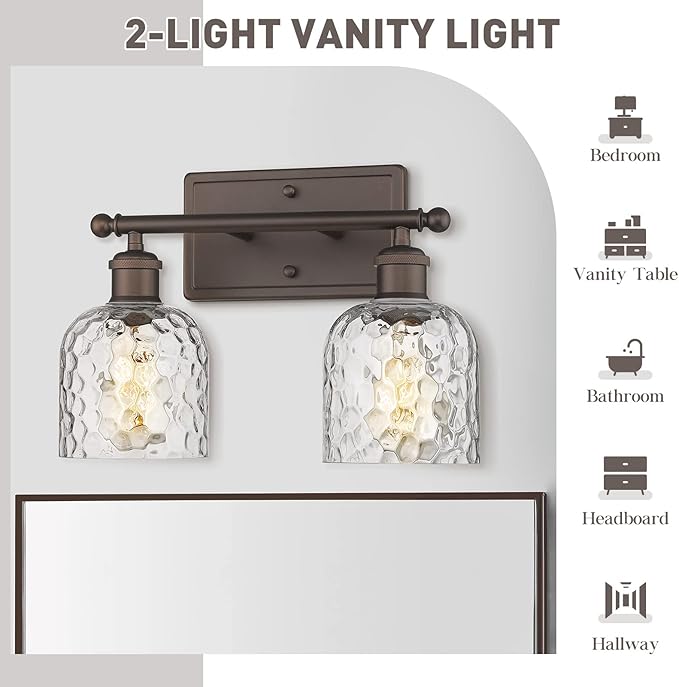 zeyu 2-Light Bathroom Vanity Light, Farmhouse Wall Sconce Lighting with Clear Hammered Glass, Oil Rubbed Bronze Finish, ZJF63B-2W ORB