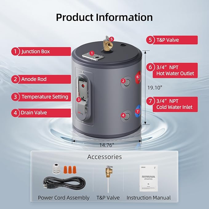 Electric Mini Tank Water Heater, MIZUDO 6 Gallon Point of Use Hot Water heater 1500W, Compact Residential 120V with T&P Valve, Adjustable Thermostat, UL Listed