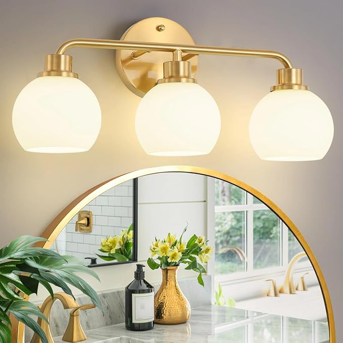 Bathroom Light Fixtures Gold Vanity Light 3 Light Wall Sconces Lighting Brushed Brass Lights with Milk Globe Glass Shades Bath Wall Lamp for Mirror Kitchen Living Room Bedroom Hallway