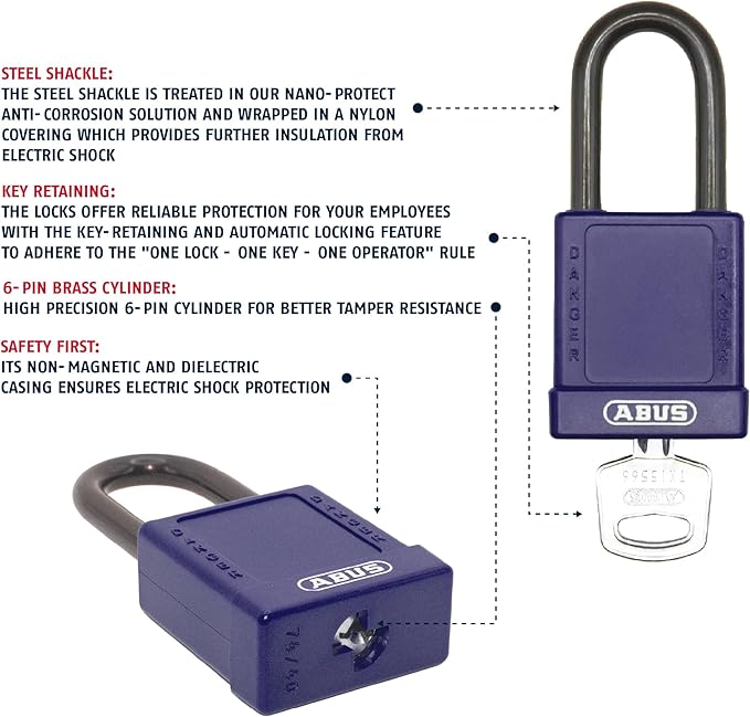ABUS Purple Pack of 10 Lockout Tagout Premium Solid Body Safety Padlock Set - OSHA Compliant Loto Locks Insulated Against Electric Shock, Keyed Different, 1 Key Per Lock