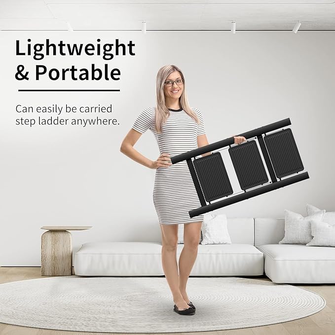 Step Ladder 3 Step Folding, Small Step Stool for Adults, Portable Anti-Slip Iron Stepladder with Wide Pedals for Home and Kitchen Use, Space Saving - Black (300 lbs)