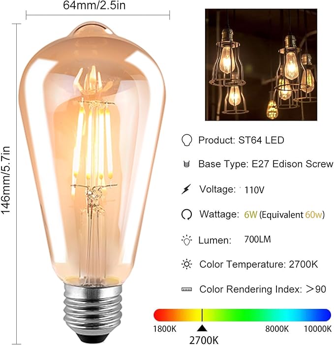 HESSION ST64 LED Edison Bulbs, 4W Equivalent 40W, Soft Light Amber Glass 2700K, LED Filament Bulbs with 90+ CRI E26 Medium Base, Dimmable Light Bulb for Home Lamp, Wall Sconce, Chandelier, 6 Pack