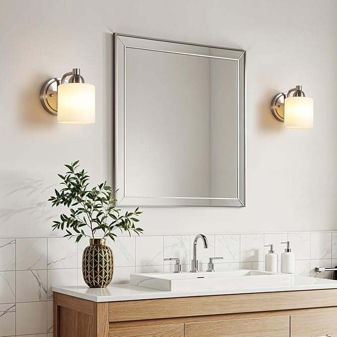 Brushed Nickel Milk Glass Wall Sconces, 1 Pack Hardwired Indoor Wall Light Fixtures for Living Room, Hallway, Bedroom, Ceramic E26 Sockets (Bulbs Not Included)