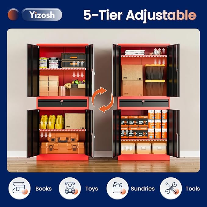 Yizosh Metal Garage Storage Cabinet with Locking Doors and Adjustable Shelves,- 71" Tool Storage Cabinet with 1 Drawer for Garage,Office,Warehouse