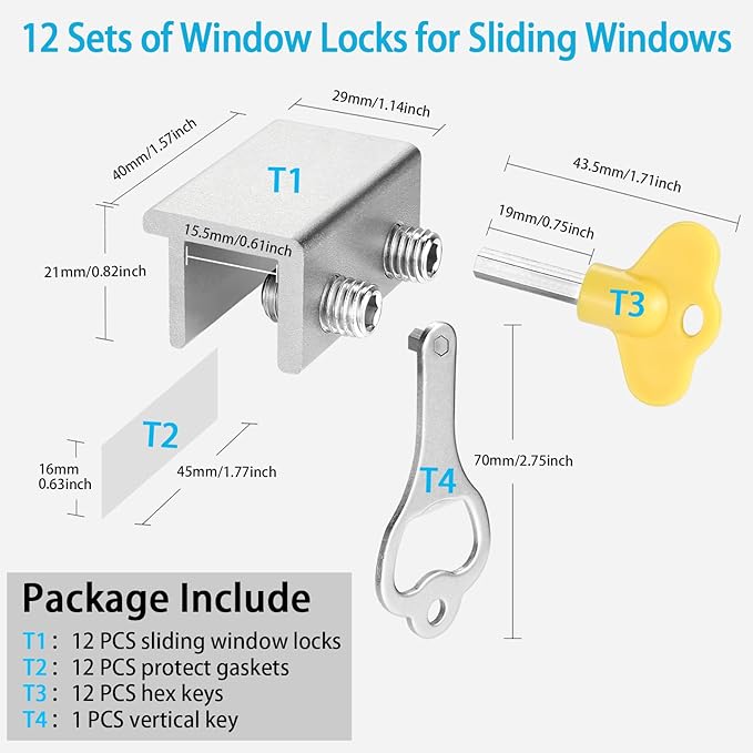 ZRFCXE Window Locks,12 Pack Sliding Window Locks with Key for Vertical & Horizontal Sliding Windows Doors,Easv to Install,Adjustable Security Window Lock for Patio Bedroom Home and Office (Silver)