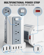 Power Strip Surge Protector, 10 Ft Extension Cord with 12 AC Multiple Outlets 4 USB (1 USB C), SMALLRT Power Tower Desktop Charging Station (White, 10 FT)