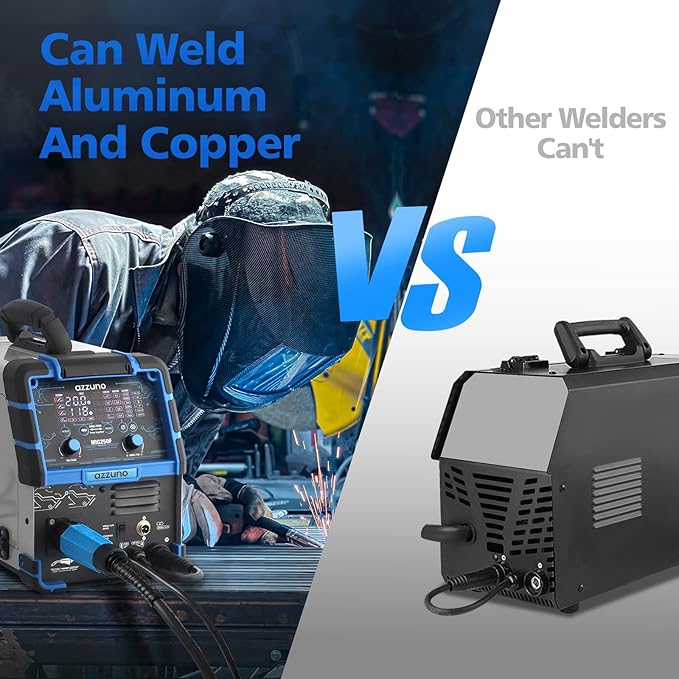 AZZUNO Aluminum 250Amp MIG Welder,6 in 1 Gas MIG/Gasless Flux Core/Stick/Lift TIG/Spot Welding/Spool Gun Compatible Welding Machine 110V/220V Large LED Display Multi Process Welder