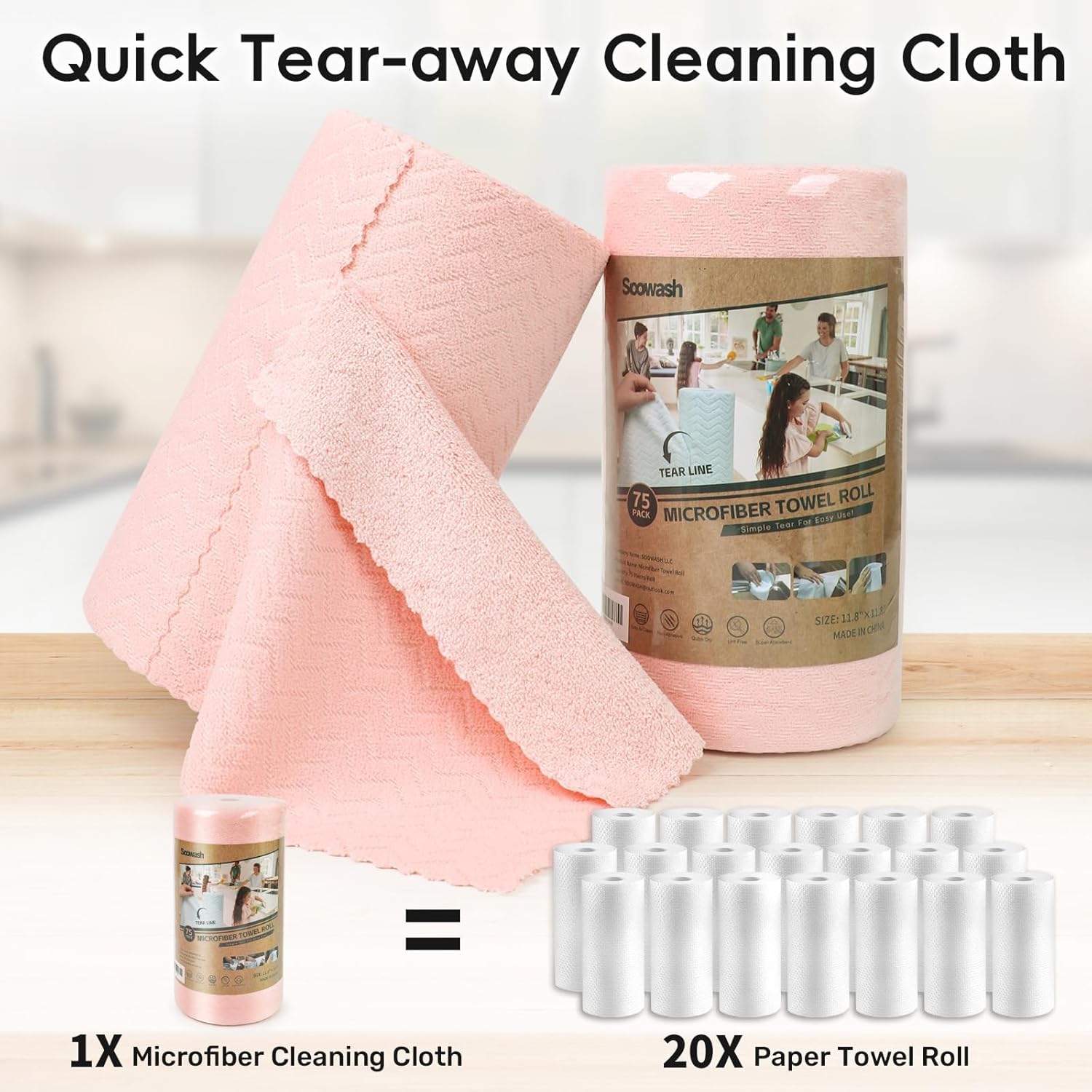 Microfiber Cleaning Cloths Roll, 75 Pack Tear Away Microfiber Towels Roll, 12" x 12" Lint Free Rags, Reusable Cleaning Cloths, Washable, Scratch Free,Ultra Absorbent Dish Rags(Pink Ripple)