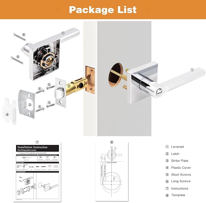 Probrico Polished Chrome Privacy Door Handle Lockset Heavy Duty Square Interior Door Lever for Bedroom or Bathroom Reversible Keyless Handleset Door Knob Slim Handed Levers, 5 Pack