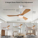 42 Inch Ceiling Fan with Light Remote Control, Wood Ceiling Fans with 3 Blade and Down Rod, 6 Speed DC Motor, Indoor Outdoor Ceiling Fan for Patio, Bedroom,Living Room, Office