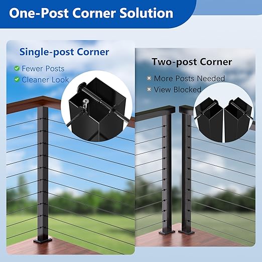 36" T304 T-drilled Cable Railing Corner Post(Post 35"x2"x2"), Three Sides Wire Railing Post with Cable Grommets, Fixed Top Mount Stainless Steel Black Finish Deck Staircase Post