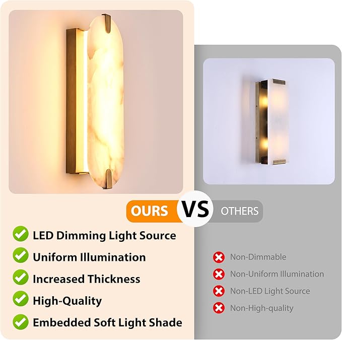 ZEROUNO Alabaster Wall Sconces, 14.2 inch Natural Marble Wall lamp,Dimmable Alabaster Wall Light Fixtures for Stairs Bathroom Living Room Bedroom or Vanity,Hallway（Brushed Bronze