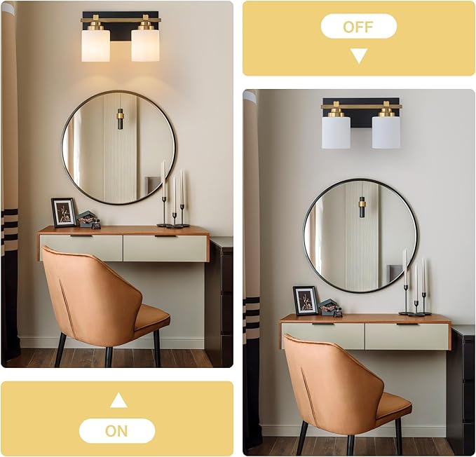 2 Light Modern Bathroom Light Fixtures Over Mirror, Black Gold Vanity Lights for Bathroom Wall Sconces with Milky White Glass Shades, E26 Socket (Bulbs Not Included)