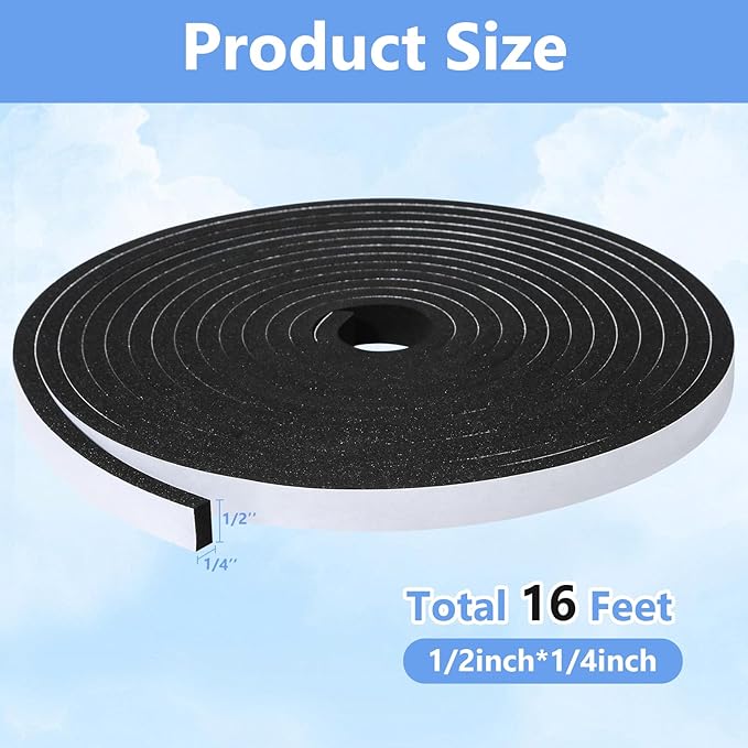 Weather Stripping Door Seal Strip- 1/2 Inch X 1/4 Inch X 16Feet, Strong Adhesive, Lightproof, Soundproof, Weatherproof Foam Tape Insulation for Sliding Door, Front Door Frame, Windows- Black